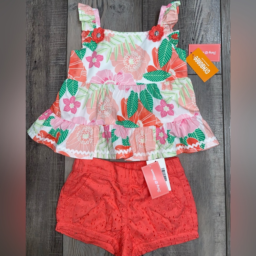 NWT Gymboree Fairy Blossoms Flower Tank Top Eyelet Orange Shorts Matching Outfit